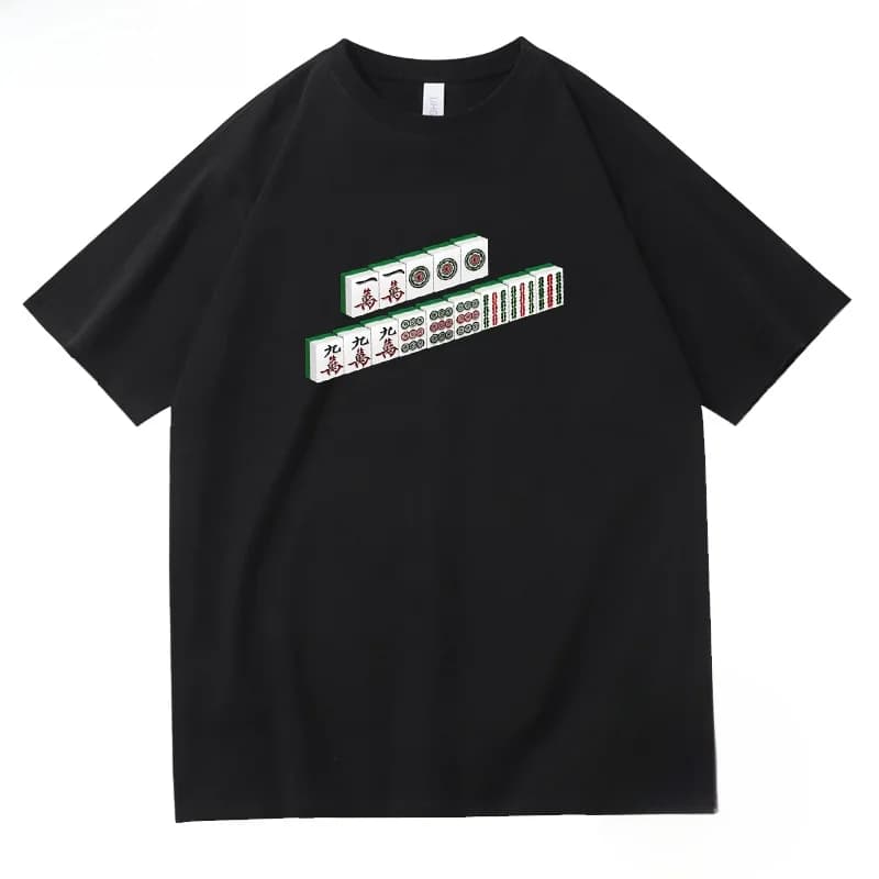 T-shirt in puro cotone a maniche corte con stampa Mahjong Tile Design, casual, alla moda, stile urbano, per giovani uomini, abbigliamento estivo