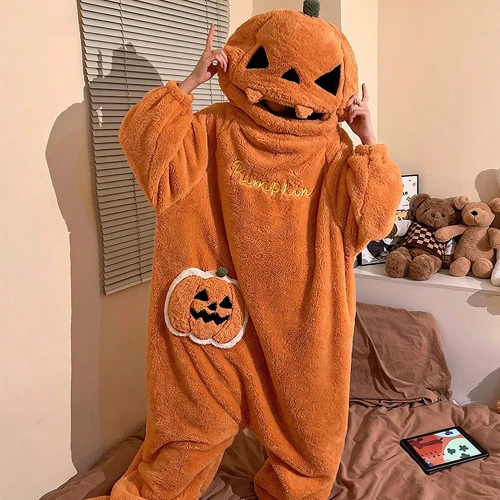 Halloween Pumpkins Plush Onesie Warm Plush Long Sleeve Loose Cozy Pajama One-Piece Fleece Thick Warm Home Wear For Women Men