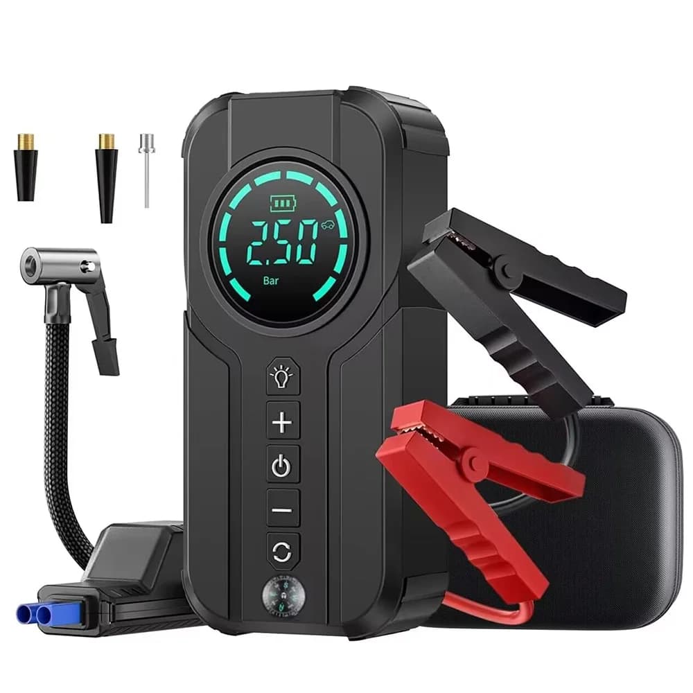Avviatore di Emergenza per Auto 2000A con Gonfiatore Pneumatici, Powerbank 16000mAh con Funzione Luce LED per Batterie Moto