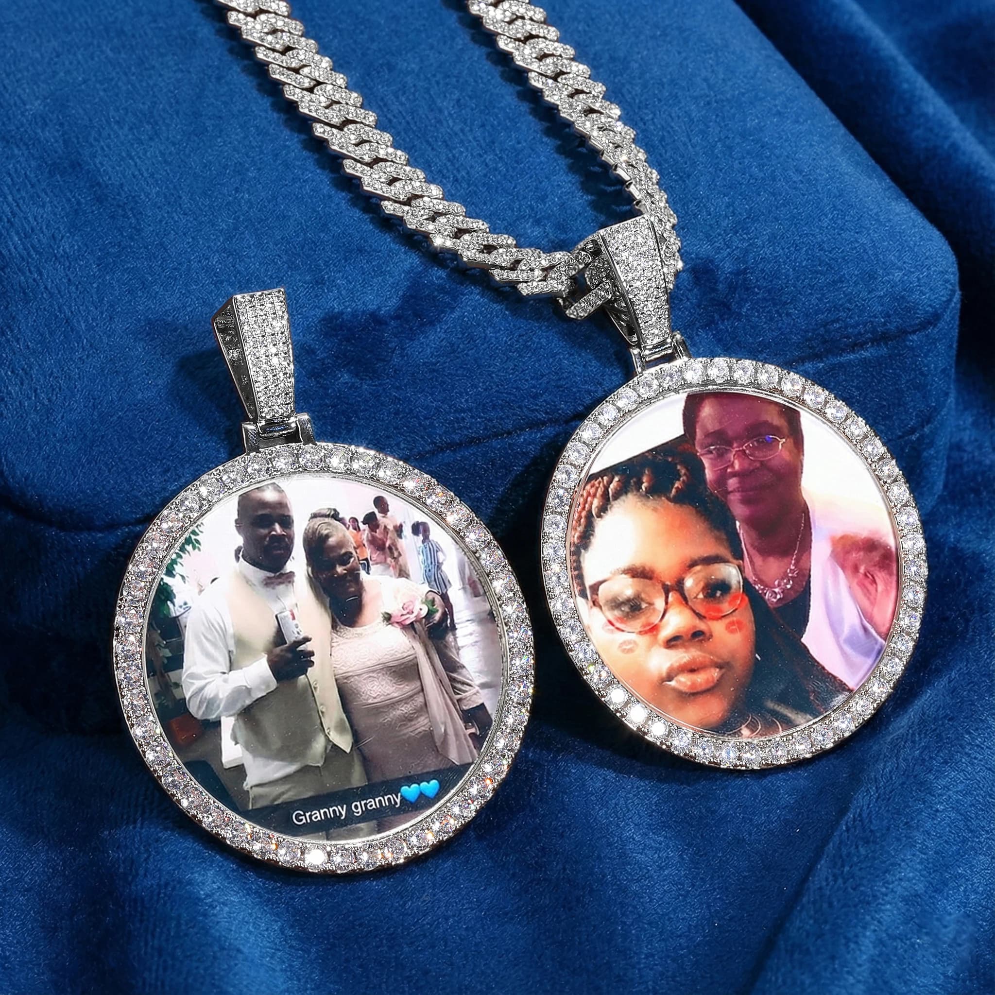 Custom circle photo necklace Custom commemorative pendant with iced cubic zircons with pendant with Cuban chain laser engraving