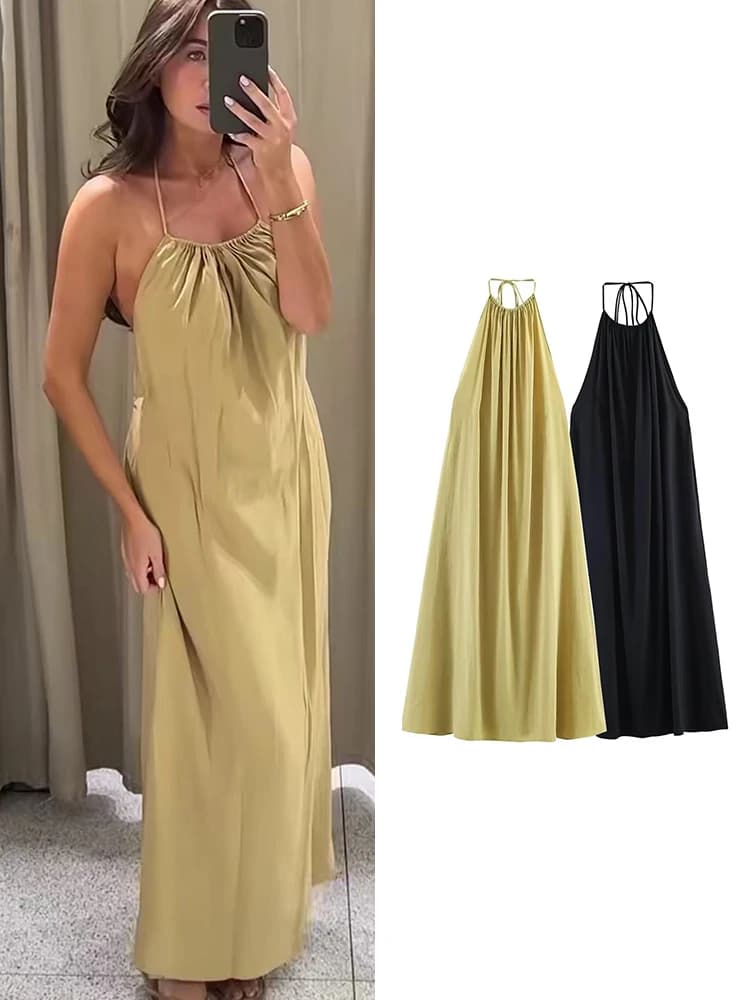 TFMLN Women Backless Halter Maxi Dress Elegant Lace Up Sleevees Solid Color Loose Dresses 2026 Summer Lady Party Evening Robe