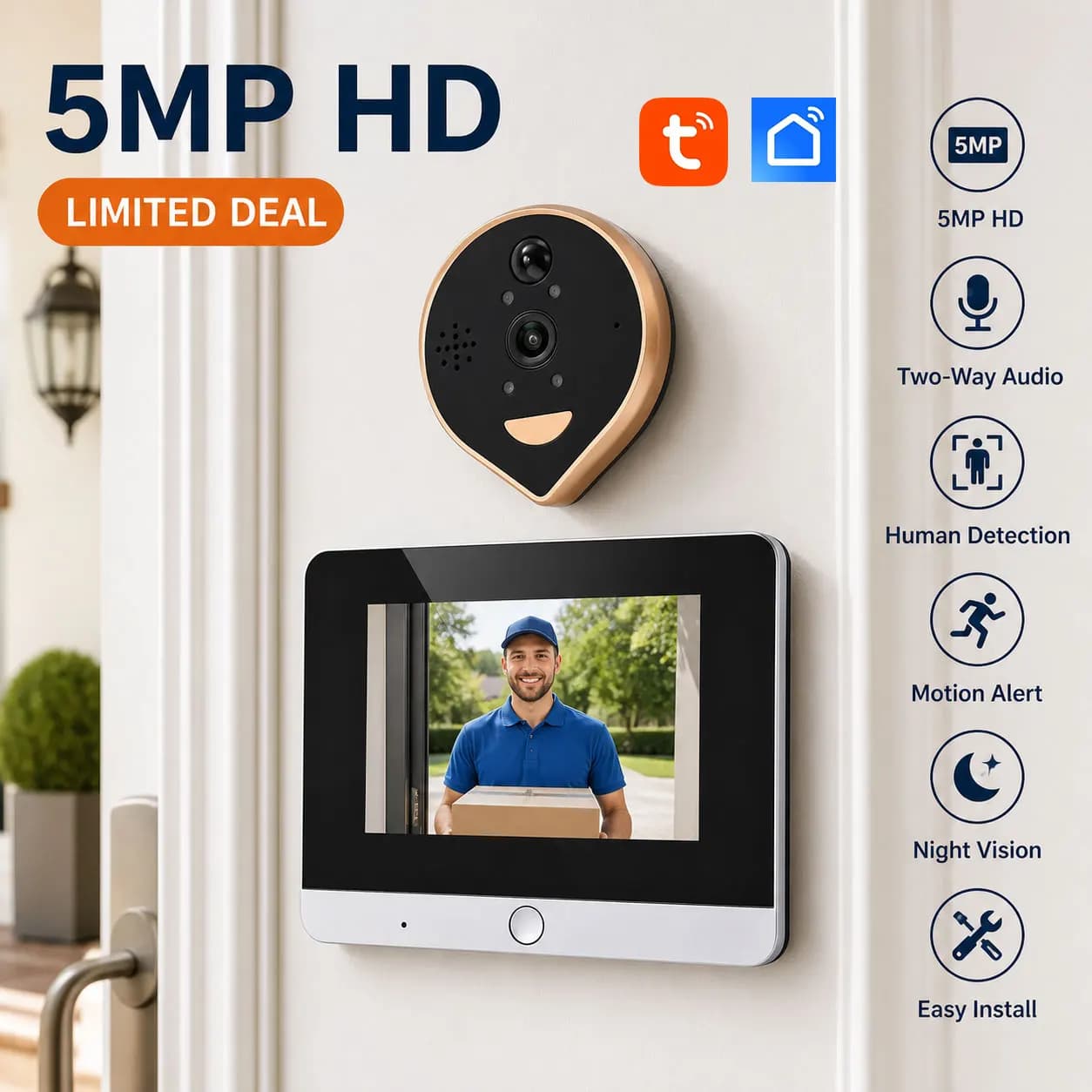 5MP Tuya Smart Life Peephole Viewer Featuring 4.3 Inch Screen Wifi 940nm IR Motion Detection Door Camera with 5000mah Battery