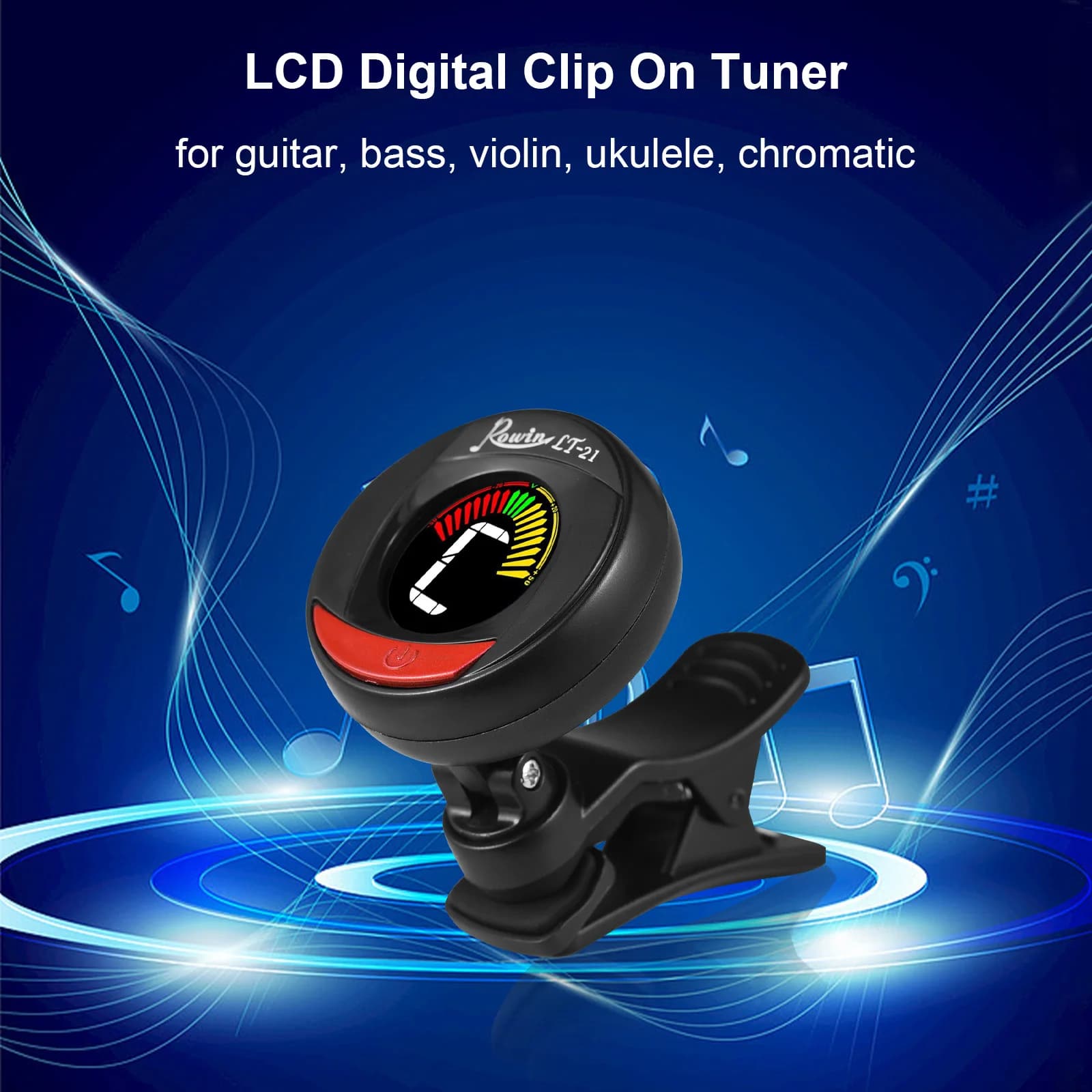 Rowin LT-21 Mini Clip Sintonizzatore Digitale Dual Color Retroilluminazione LCD Clip On Sintonizzatore per Chitarra Basso Violino Ukulele Cromatico