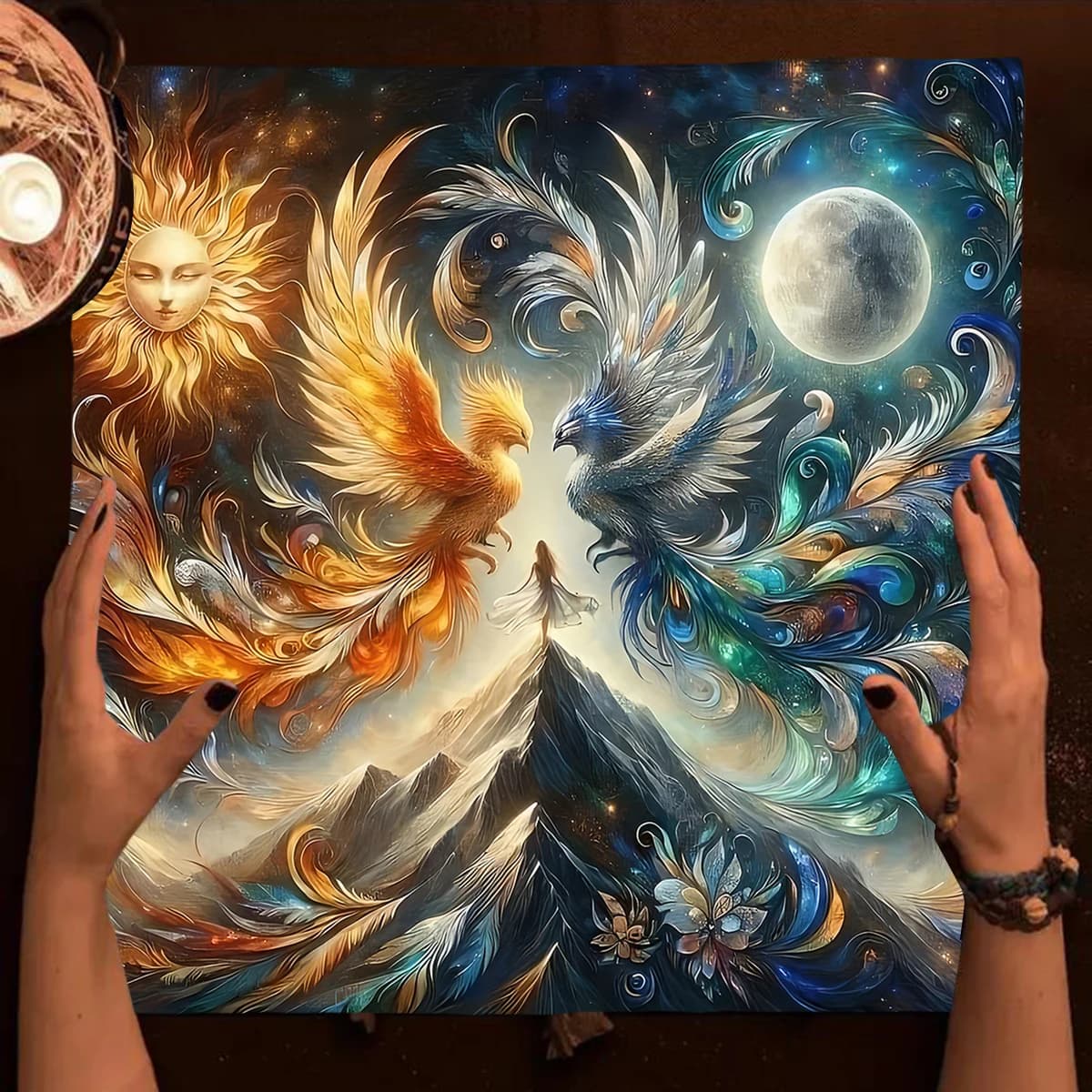 Tovaglia per tarocchi mistici con sole e luna con ghiaccioli e fiamme per letture di tarocchi Panno per altare strega Decorazioni per la casa