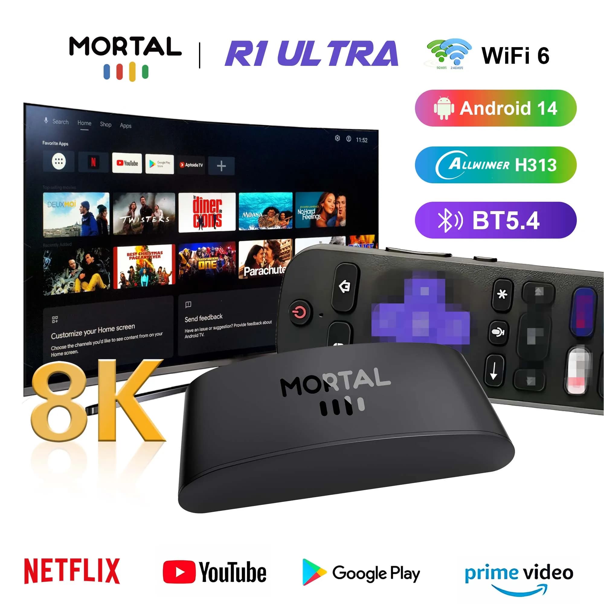 2025 Mortal Smart TV Box R1 Ultra Android 14.0 Allwinner H313 4K Supporto Wi-Fi 6 16G BT5.4 Telecomando vocale Lettore multimediale Home Theater
