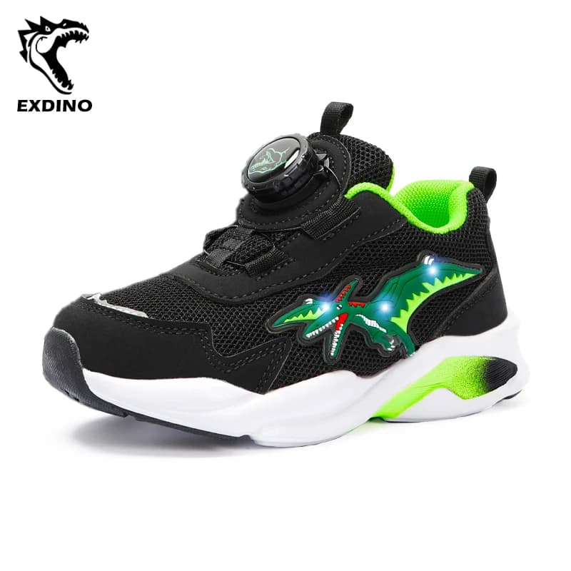 EXDINO Dinosaur Luminous Shoes Children Mesh Boys Rotating Button New Little Kids LED Light Up Sports Glowing Pterosaur Sneakers