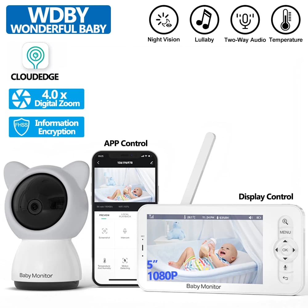 Telecamera baby monitor da 5”, visione notturna IR, rotazione a 360° con app per telefono, monitoraggio del movimento, tracciamento automatico, Bebe Nanny integrata nella batteria