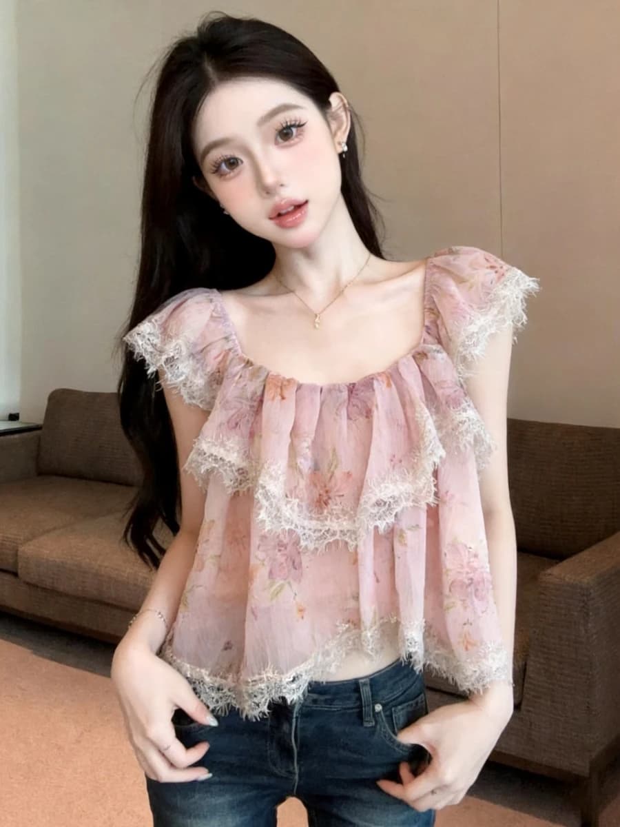 Pink Lace Floral Short Sleeve Women's Shirt Spring Summer New Style Dopaamine Doll Shirt Cute Bright Blouse Korean Style Loos...