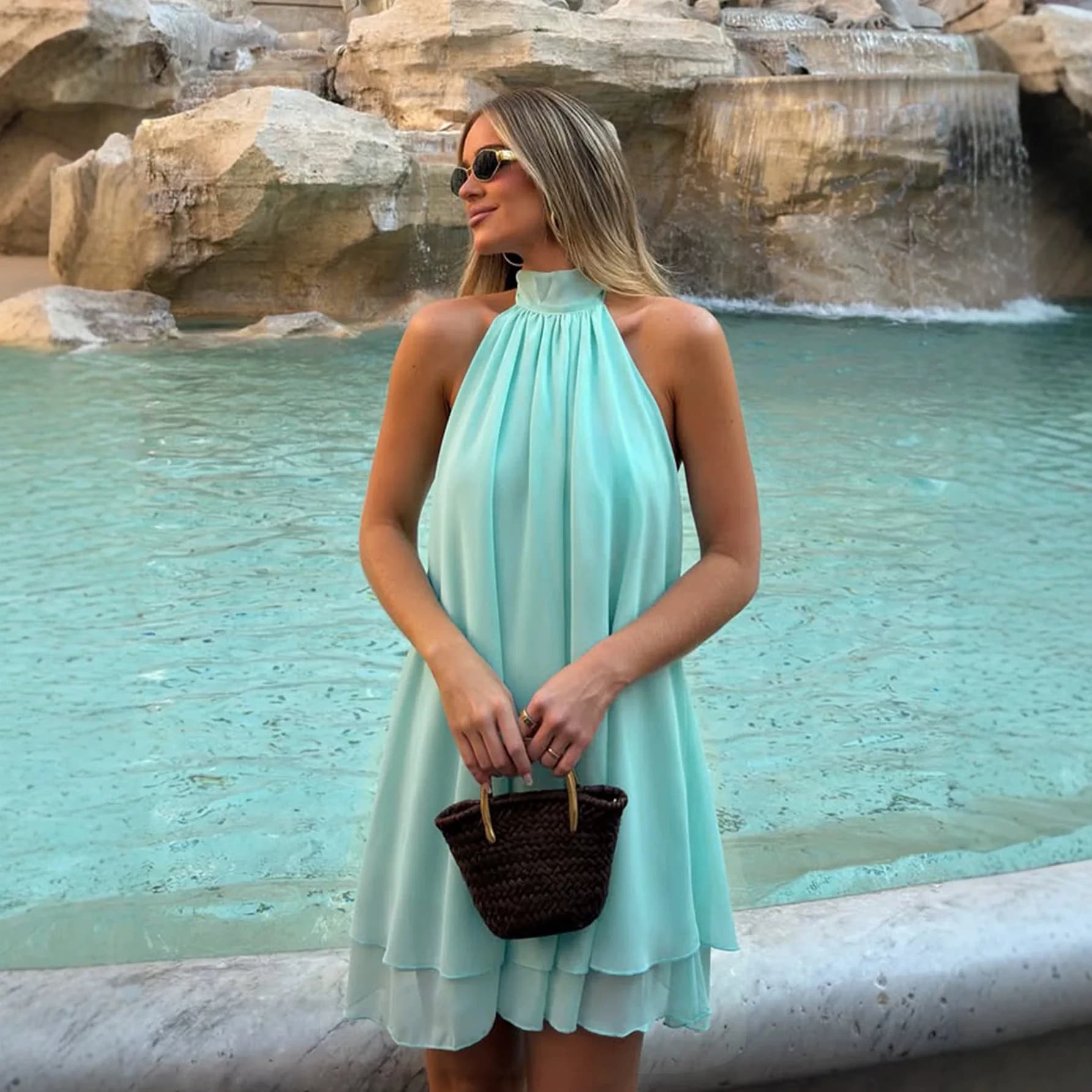 Women's Clothing Dress European And American Neck Chiffon Dress Women, Double-layer Lotus Leaf Pendulum Sleeveless Backless