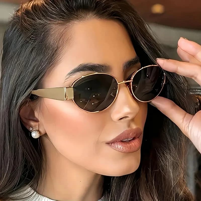 Oval-Shaped Women'S/Men's Sunglasses, Fashionable Metal Frame Sunglasses, Classic Style, Uv Protection Feature, Casual Street Style