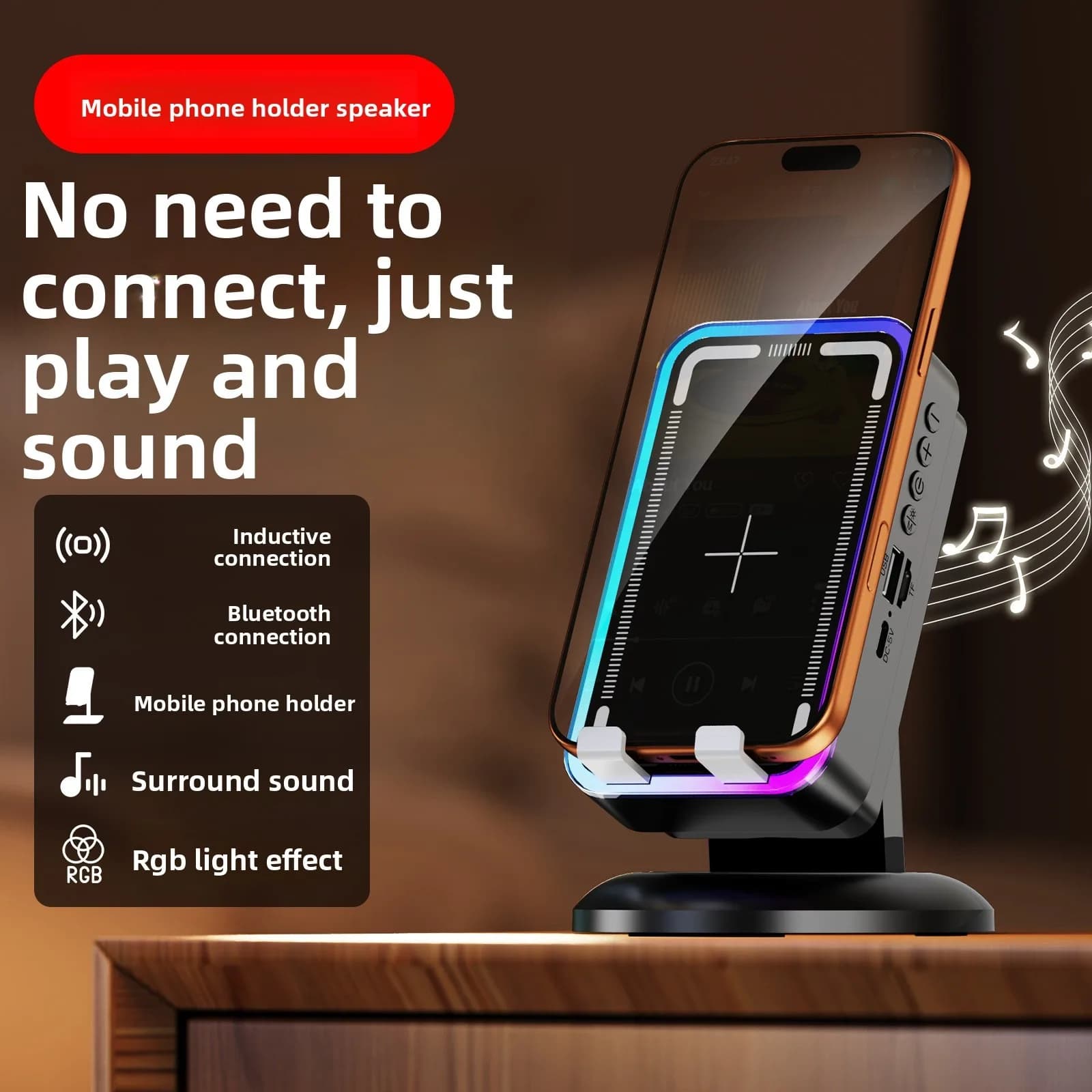 Altoparlante a Induzione Wireless 3-in-1, Supporto per Telefono e Cuffie, Mini Altoparlante Bluetooth da Scrivania con Luci RGB