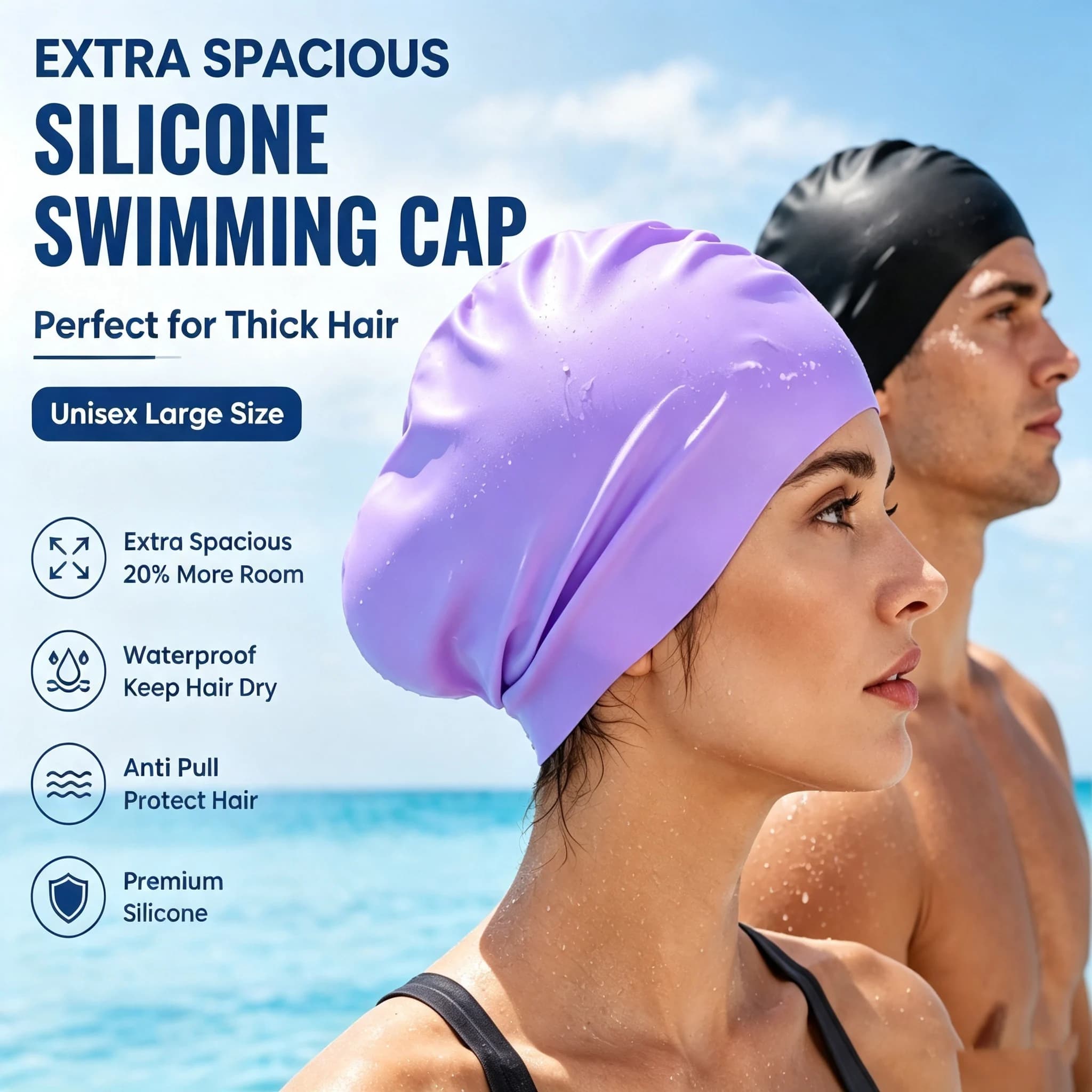 Unisex Large Size Silicone Swimming Cap For Thick Hair Stretch Waterproof Anti Pull Swim Hat For Pool Sea Beach Water Activities