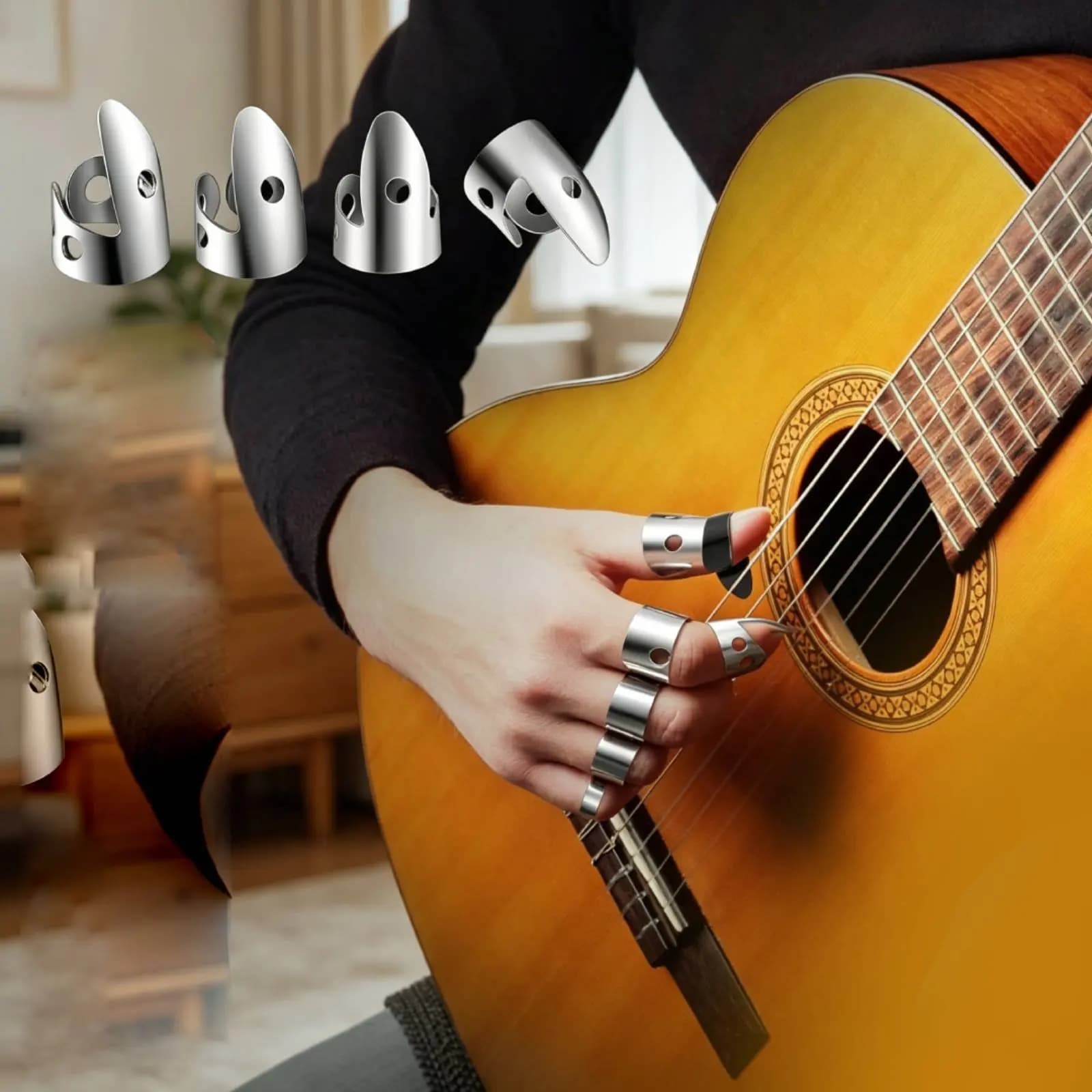 6 Pieces Guitar Pick Set Long-Lasting Metal Finger Pick Guitar Finger Sleeve Protects Fingers String Instrument Accessory