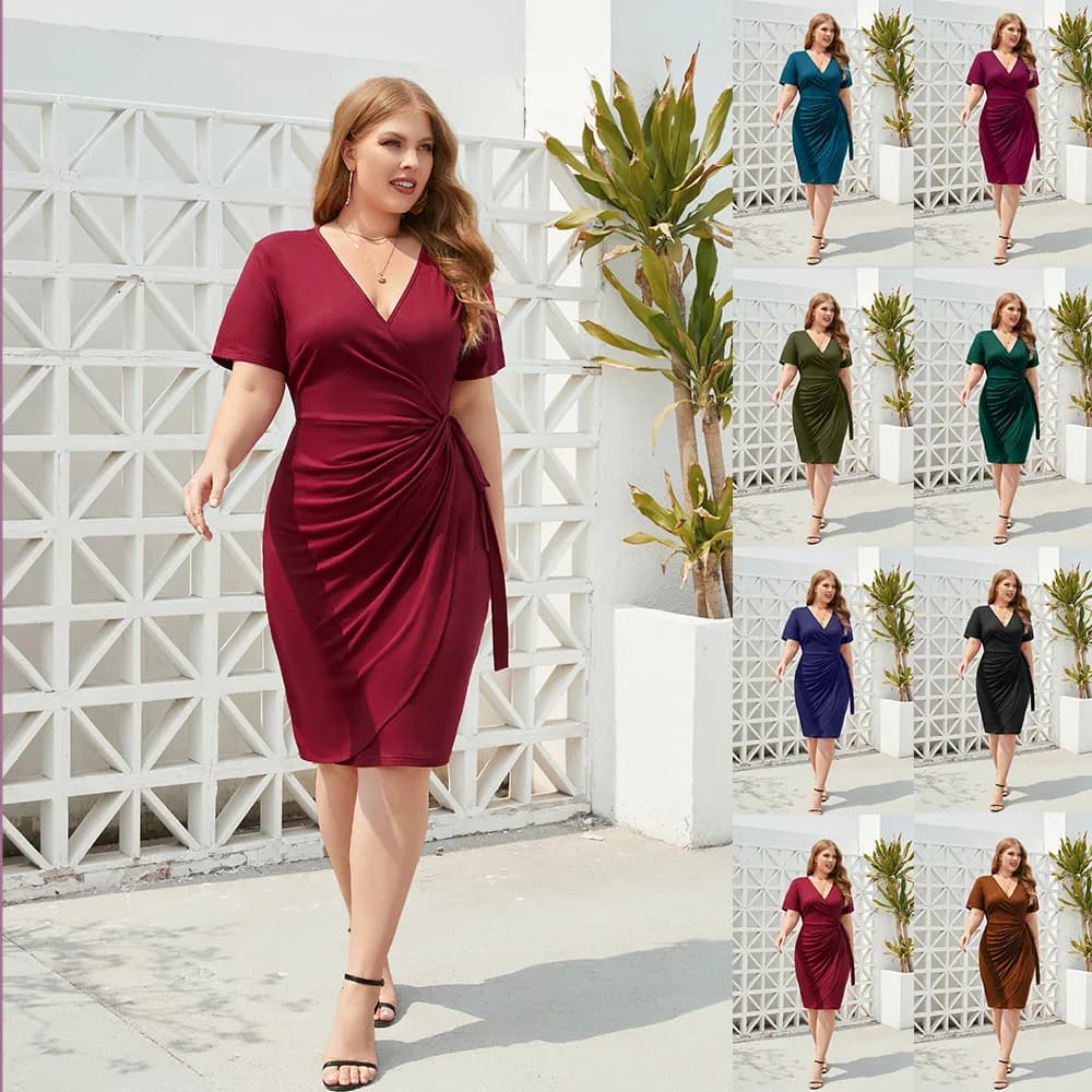 plus Size Curvy Ladies Pencil Dress V Neck Party Dress High Waist a Line Skirt Short Sleeve Color Polyester Fabric