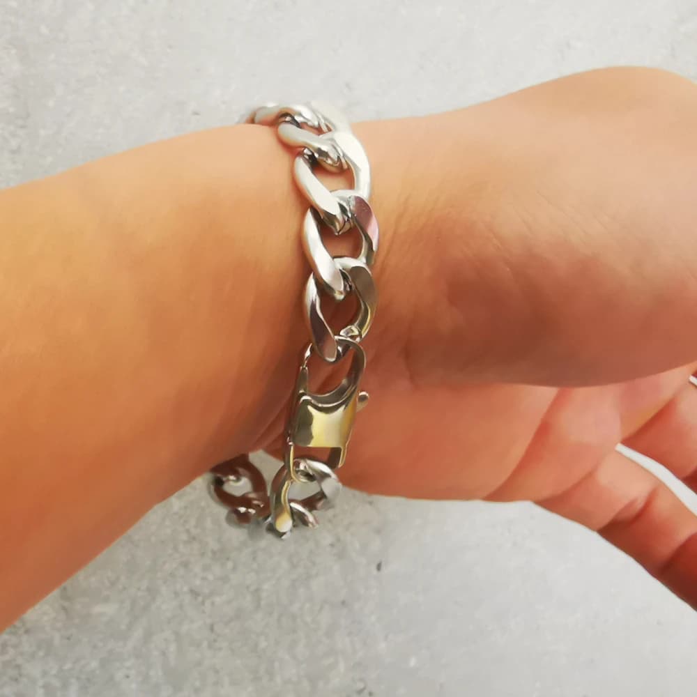 Bracciale a catena Figaro in acciaio inossidabile alla moda per uomo e donna, 12 mm, 8,5 pollici / 9 pollici, colore argento