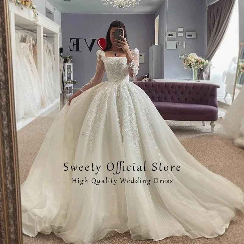 Abito da sposa chic lucido in organza con perline ricamate Abito da ballo Colletto quadrato Manica intera Vestido De Novia personalizzato