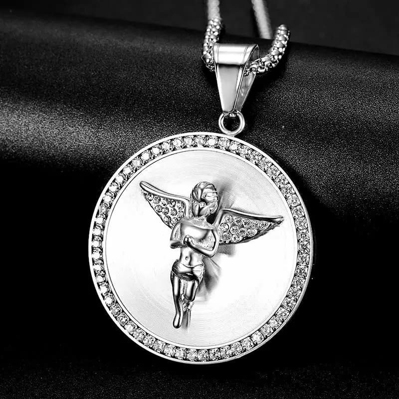 Hip Hop Iced Out Big Angel Pendant collana rotonda in acciaio inossidabile Color oro maschile per uomo gioielli di moda Punk regalo di compleanno