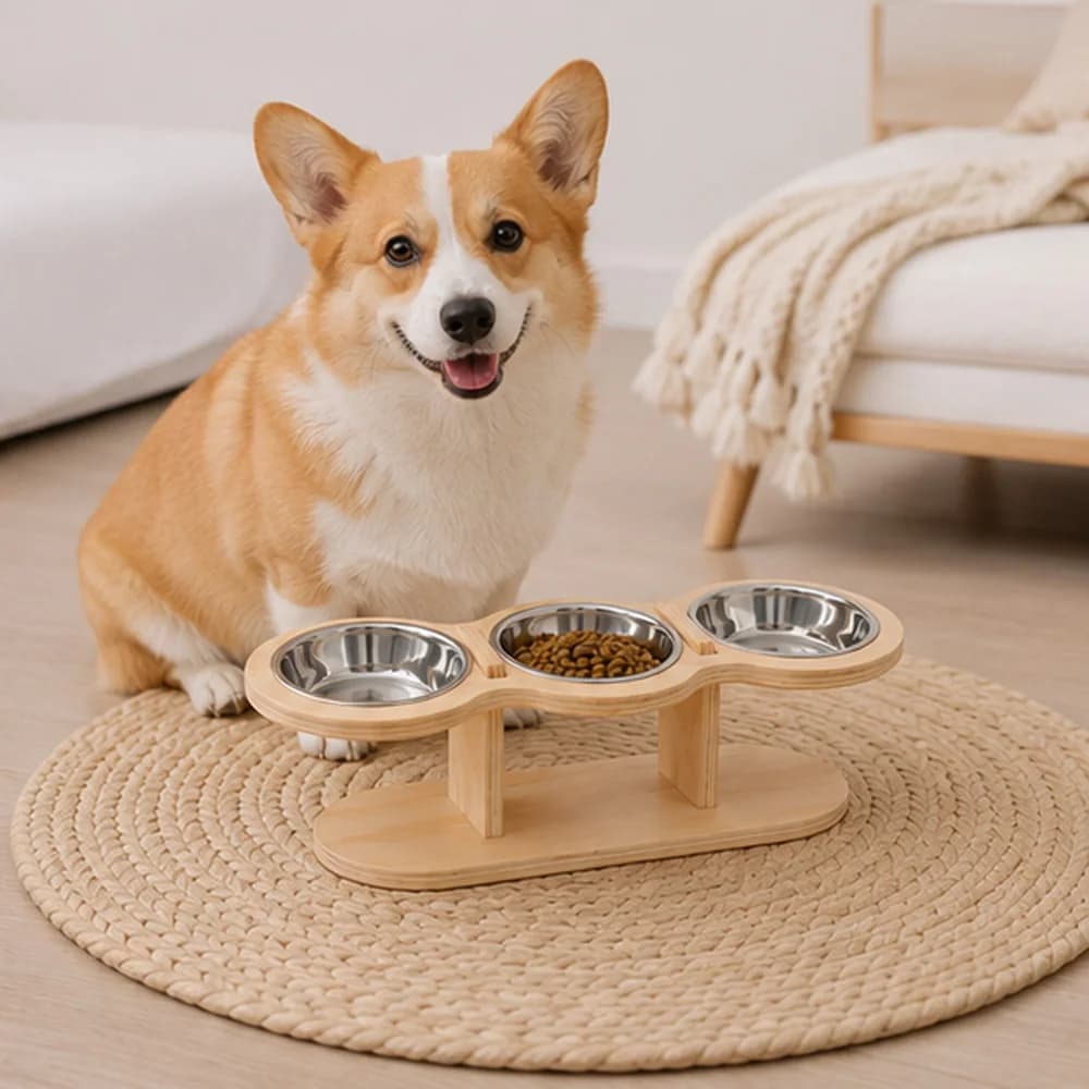 Elevated Wooden Pet Feeder Stand with 3 Removable Stainless Steel Bowls Anti Slip Anti Spill Raised Dog Cat Food Water Bowl