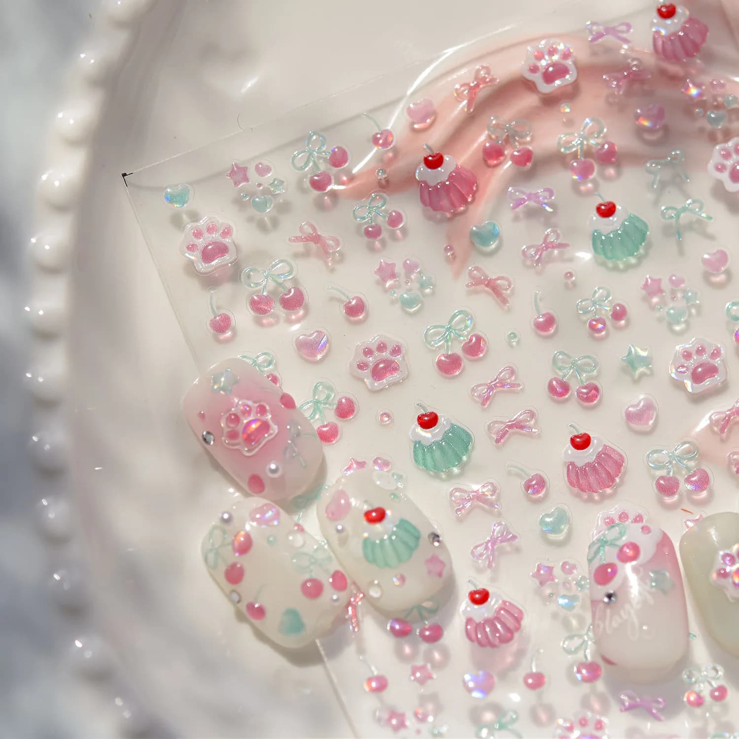 1 pz carino piccolo gatto artiglio ciliegia nail art pendenti e ciondoli adesivi lucido 5D gelatina ciliegia budino archi design adesivo cursori decalcomanie per unghie
