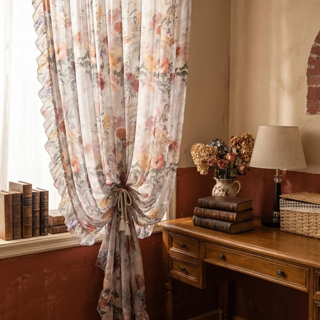 French retro floral flounce gauze curtain bedroom American pastoral oil painting flower curtain window screen