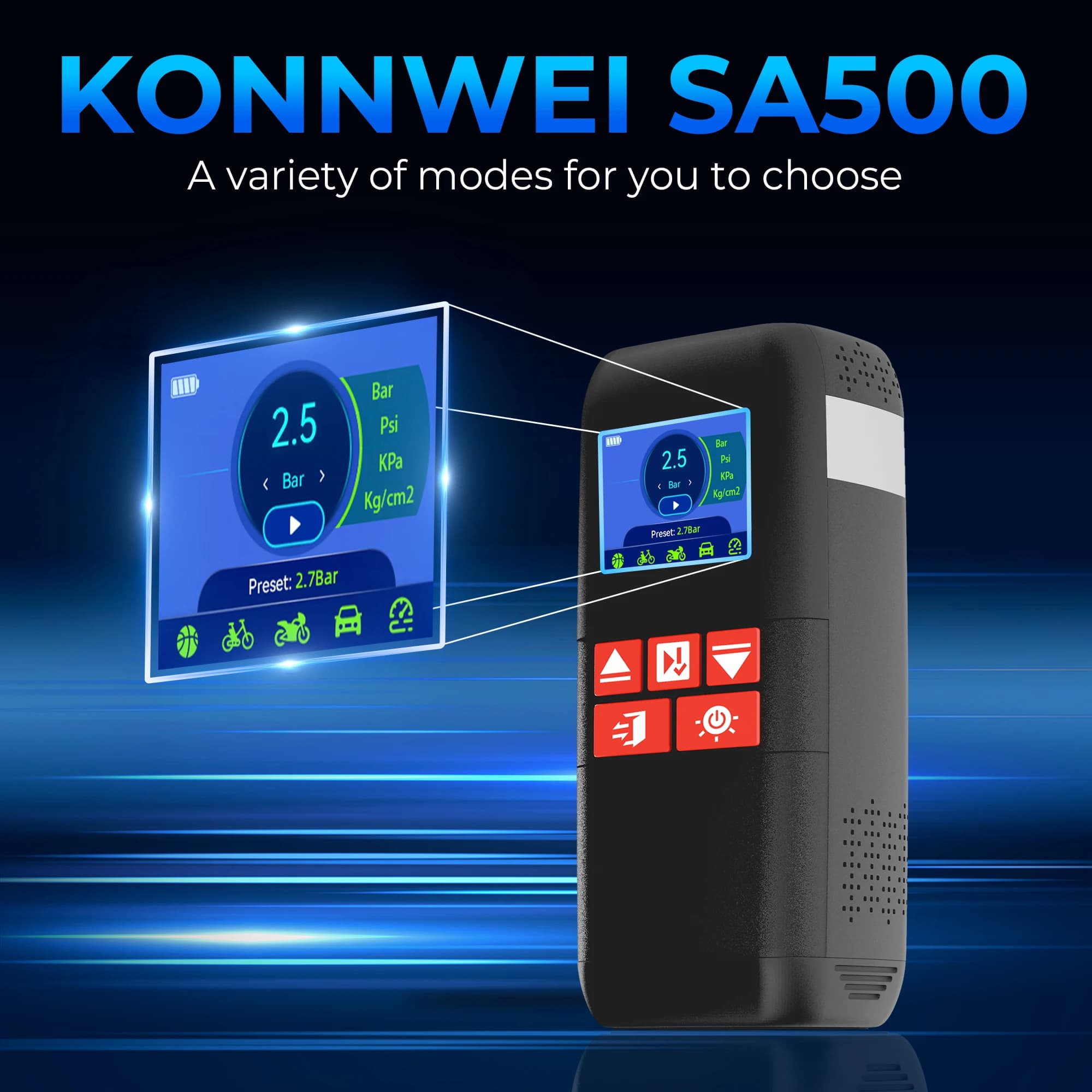 KONNWEI SA500 Avviatore d'Emergenza per Auto 2000A 10400mAh, Compressore d'Aria Wireless 150PSI, Power Bank e Luce LED per Veicoli a Benzina/Diesel 12V
