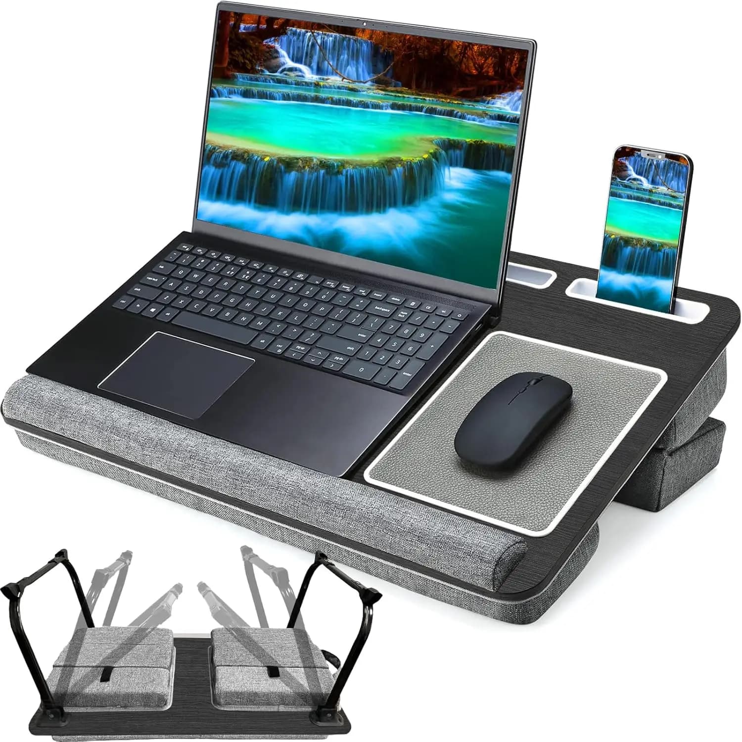 Vassoio letto pieghevole per laptop con poggiapolsi regolabile e tappetino per mouse, supporto portatile in legno per divano, slot per tablet