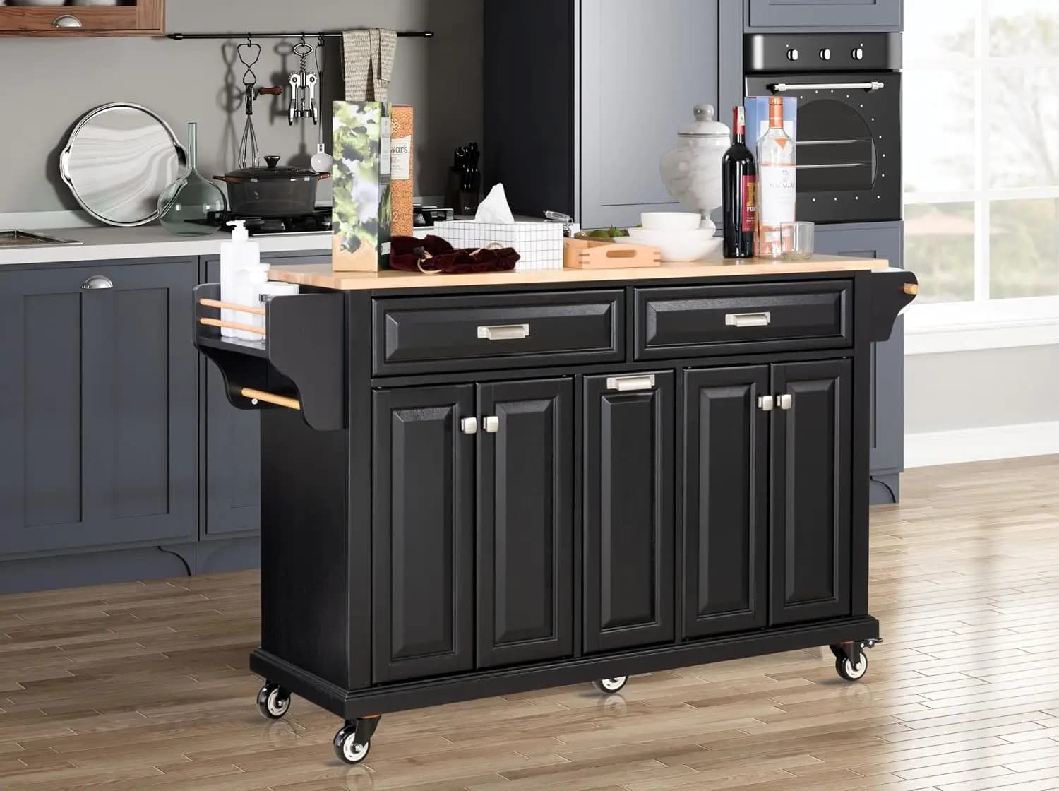 Kitchen Island Cart Wood Top Mobile Storage Cabinet 2 Drawers Spice Rack Towel Bar Adjustable Shelves Black, Customized