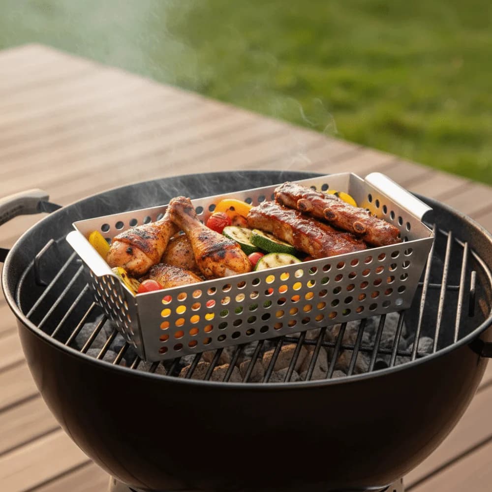 Cestello per Verdure in Acciaio Inox con Fori di Drenaggio, Vassoio BBQ Riutilizzabile, Padella Rettangolare con Doppio Manico per Friggere e Contenere Alimenti