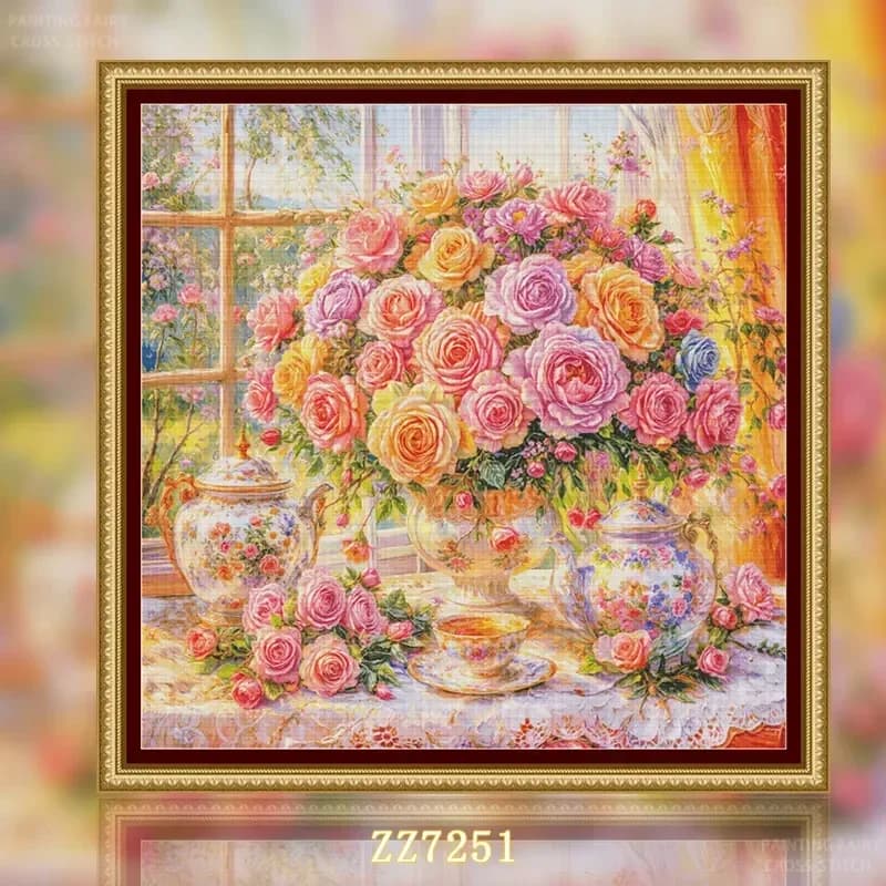 Stamped Cross Stitch Kit 14CT 16CT 18CT Printed Canvas Cotton Threads DIY Embroidery Home Wall Decor[ZZ7251-Rose Tea Fragrance]