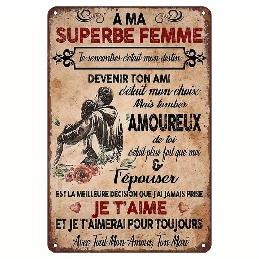 Decorazione da parete in metallo con lettera d'amore francese retrò con frasi romantiche, arte da parete in ferro per il regalo di San Valentino di nozze a casa (8"x12")