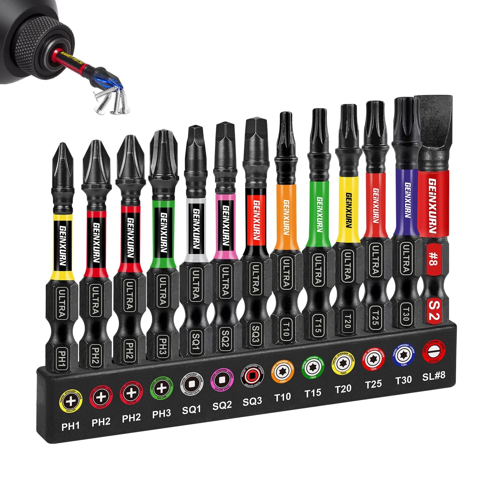 Geinxurn 13 pieces set of screwdriver tips Impact Phillipes/coated/cutting, set of 2'''' S2 steel magnetic tips with colour-coded base
