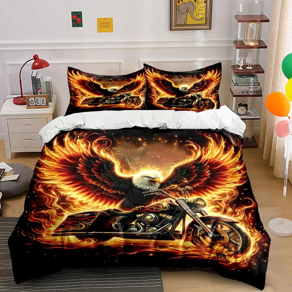 Set di biancheria da letto Fiery Eagle Motorcycle Decor Set con 1 copripiumino e 2 federe, singolo, matrimoniale, king size, queen size, regalo