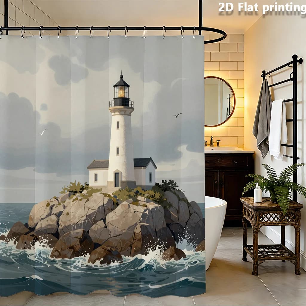 Tenda da doccia Lighthouse, paesaggio marino della costa rocciosa, tema nautico marino, vista realistica sull'oceano, decorazione impermeabile per il bagno