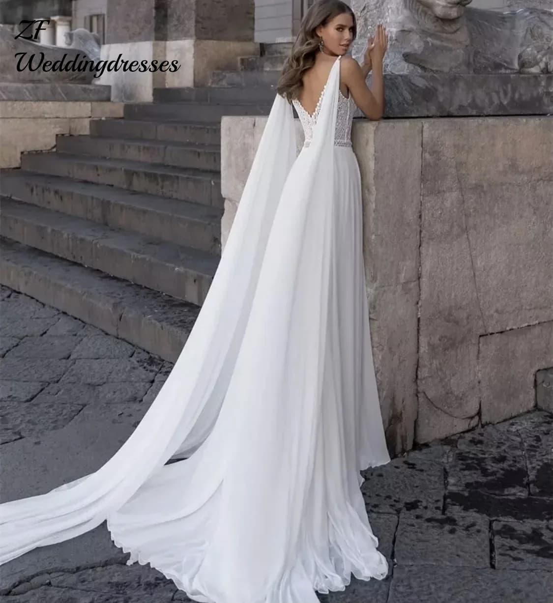 Customized Bohemian V-Neck Wedding Dress Sleeveless Side Slit Spaghetti Straps Backless Lace Applique Floor Length Bride Gown
