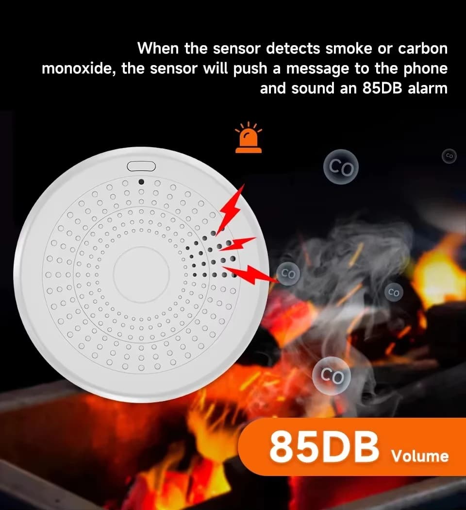 Rilevatore di fumo e monossido di carbonio 2 in 1 Tuya con allarme sonoro Allarme gas di sicurezza antincendio compatibile con Zigbee Smart Life