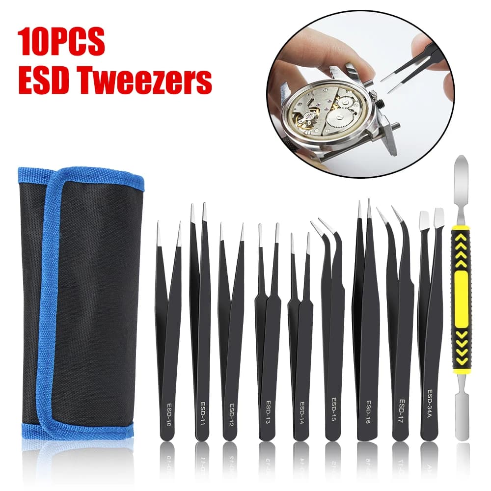 Industrial Repair Tools 10Pcs/Set Stainless Steel Curved Straight Tweezers ESD Tweezers Precision Anti-Static