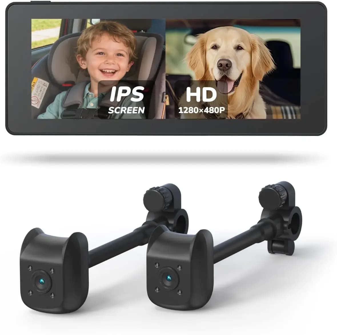 Monitor per Auto con Doppia Telecamera IPS 6.86" 1080P per 2 Bambini - Schermo Diviso, Visione Notturna IR, Alimentazione USB