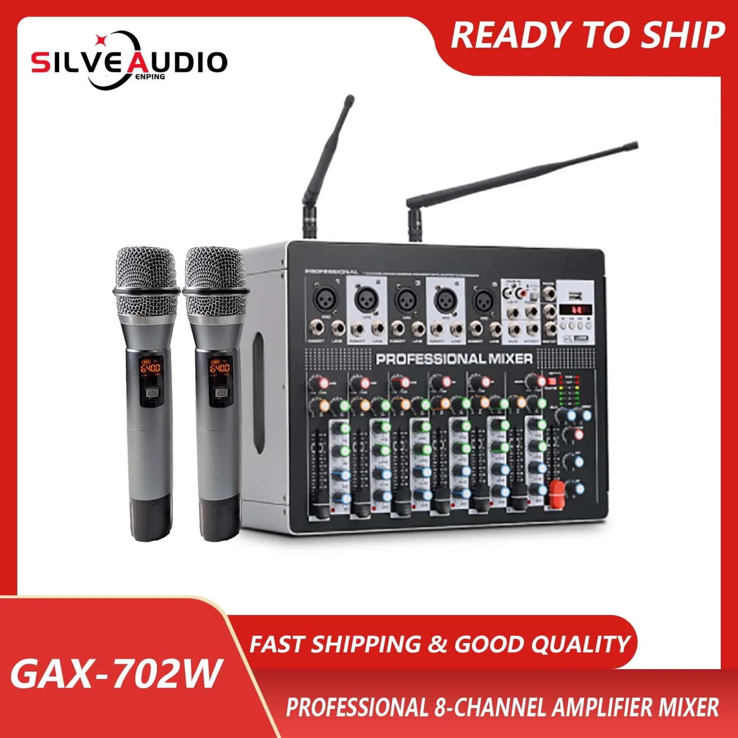 GAX-702W Mixer professionale a 7 canali con amplificatore, microfono wireless, macchina integrata adatta per spettacoli teatrali di karaoke