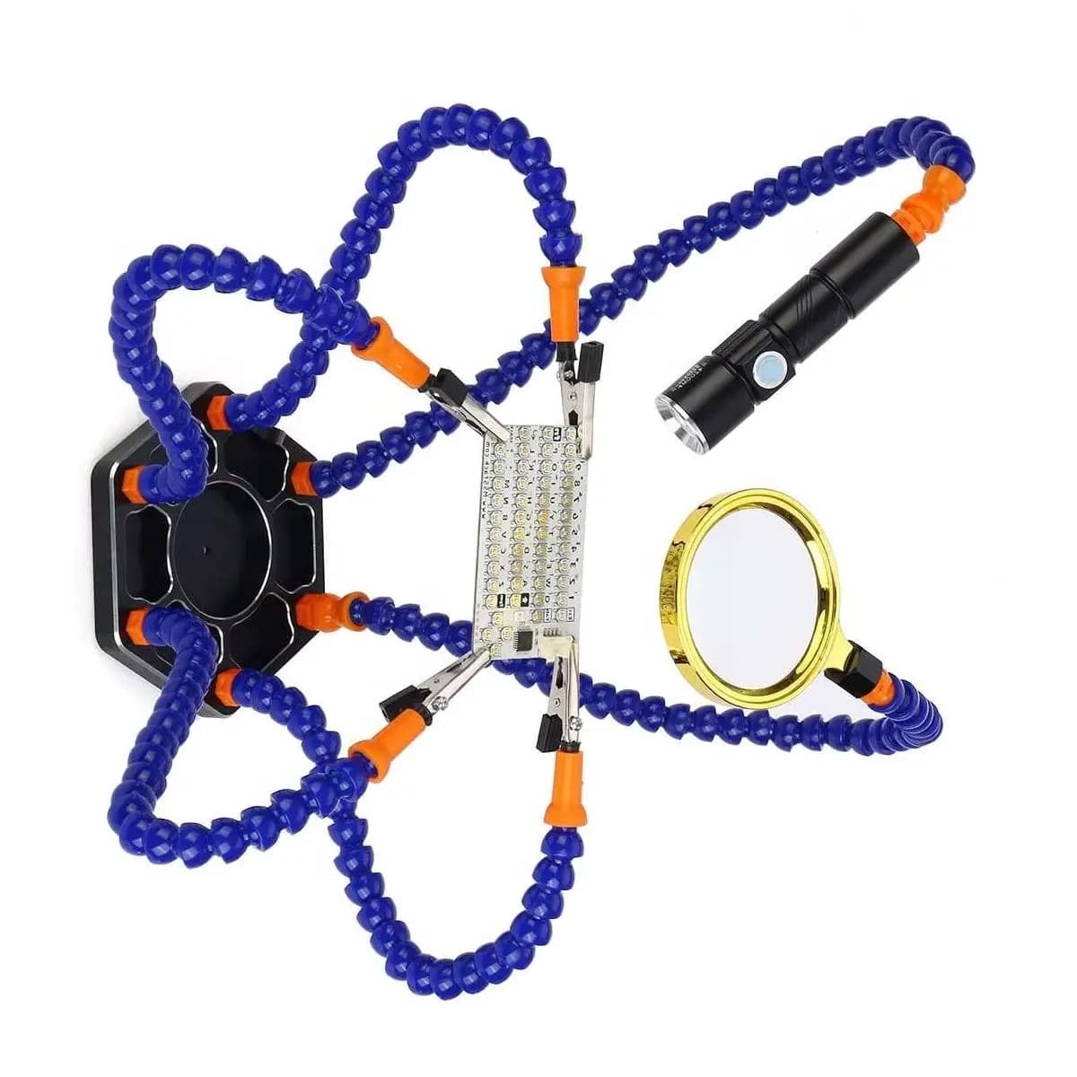 Helping Hands Stazione di lavoro per saldatura a terzo braccio 6 bracci flessibili con clip a coccodrillo di precisione da 360 gradi Lente d'ingrandimento USB Strumenti Rc