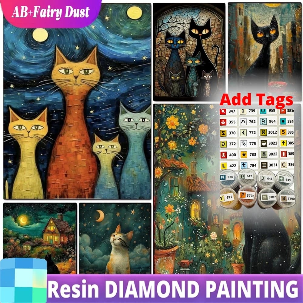 Resin Fairy Dust AB DIY Full Square Round Diamond Painting Kit Cat Cross Embroidery Painting Flower Grass Ping Tree Mosaic Art H