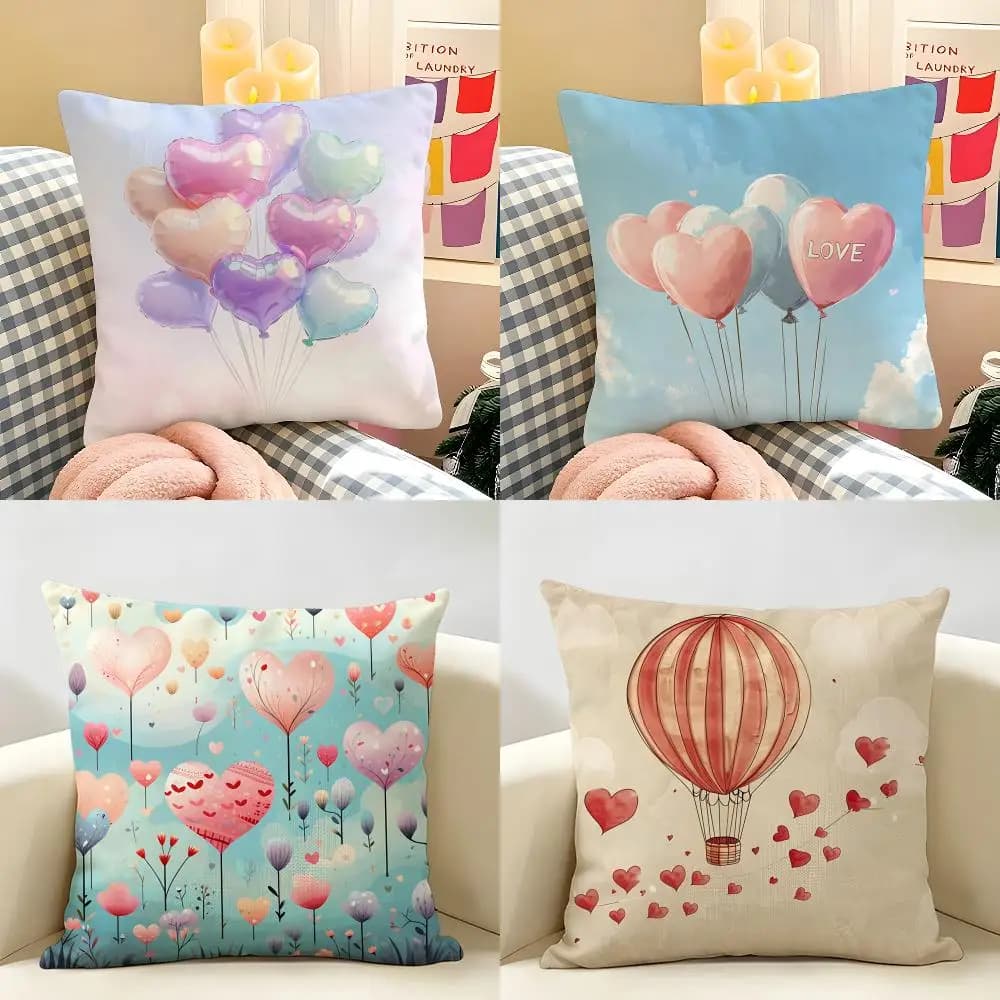 Heart Valentines Day Cushion Cover Natural Linen Organic Fabric Double-Sided Printing Room Sofa Decor Pillow Case