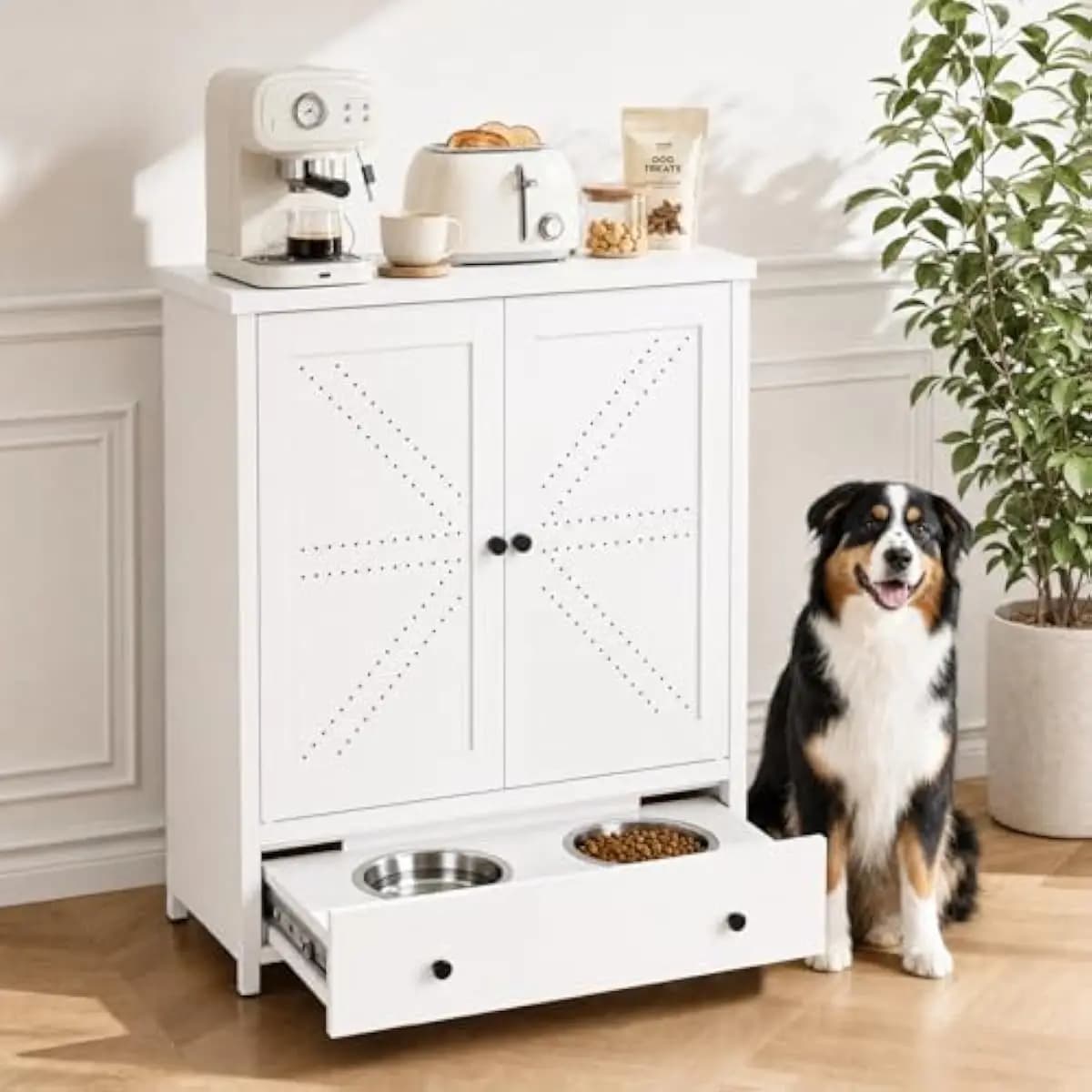 Metal Pet Feeding Station with Pull-Out Drawer and 2 Removable Stainless Steel Bowls, 40L Dog Food Storage Cabinet with Adjustable Shelves and Odor-Free Design for Cats Dogs