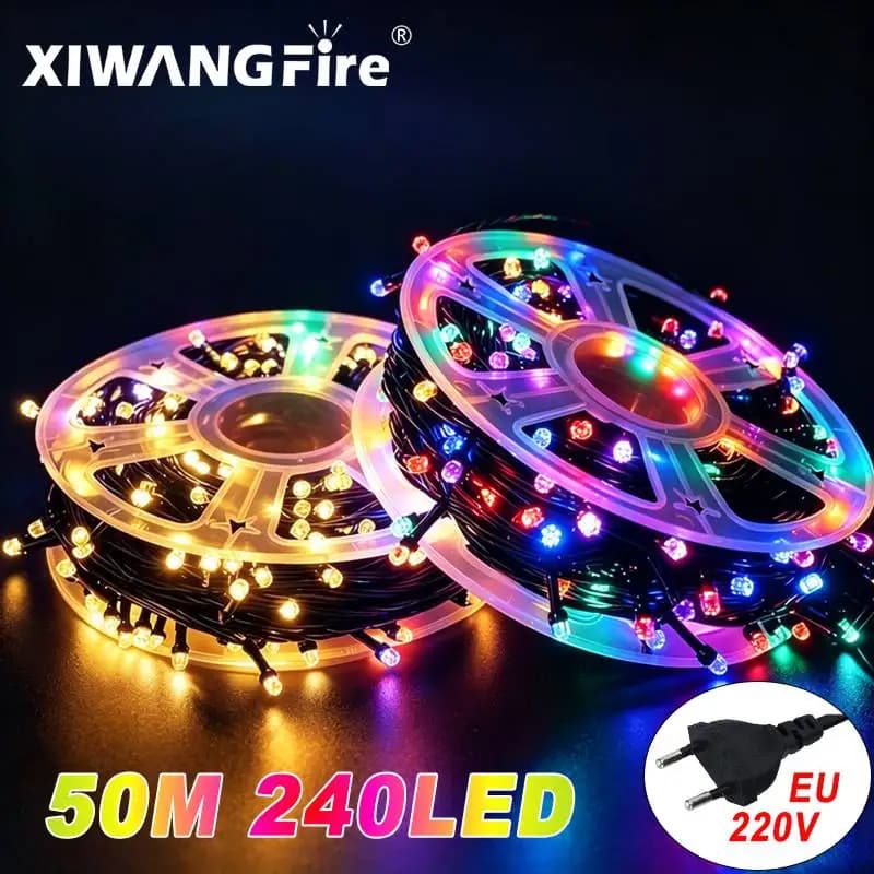 Luci Solari a Stringa da 50M con 240 LED, Bianco Caldo/Multicolore, 8 Modalità, Impermeabili, per Decorazioni Natalizie e Feste in Giardino
