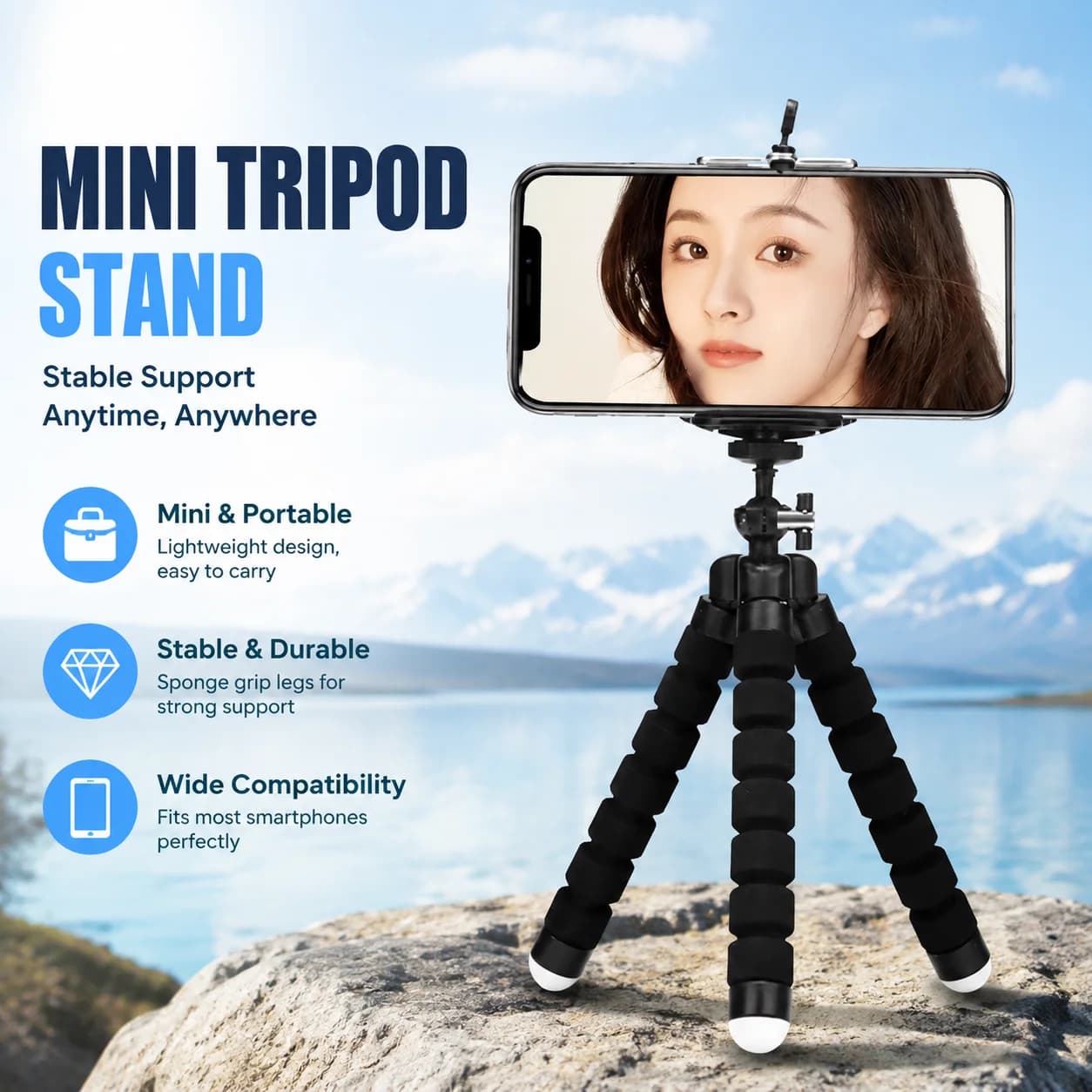 Mini Tripod Stand Sponge Grip Phone Holder, Portable Travel Camera Support for Outdoor Activities, Compatible with Smartphone