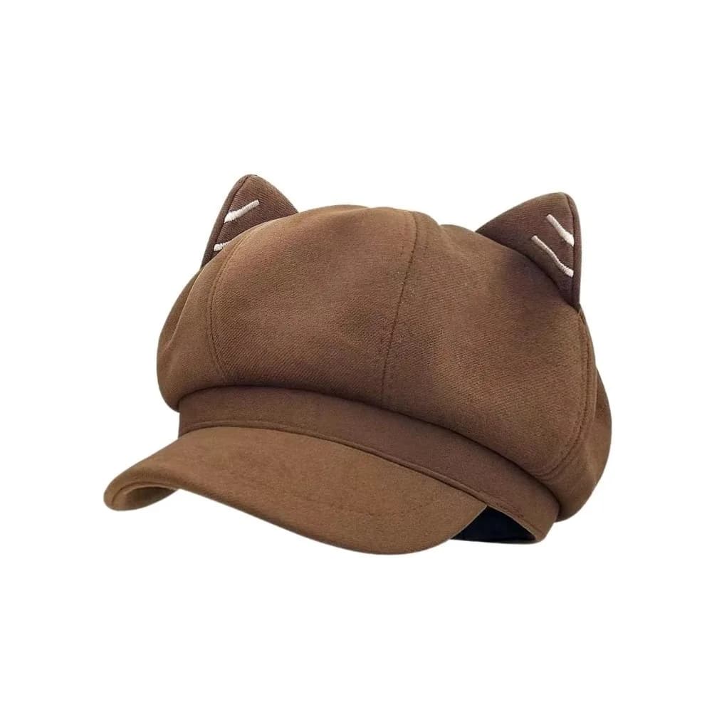 Simpatico cappello con orecchie di gatto in tinta unita in lana Y2K cappello berretto britannico stile giapponese berretto ottagonale con regolazione
