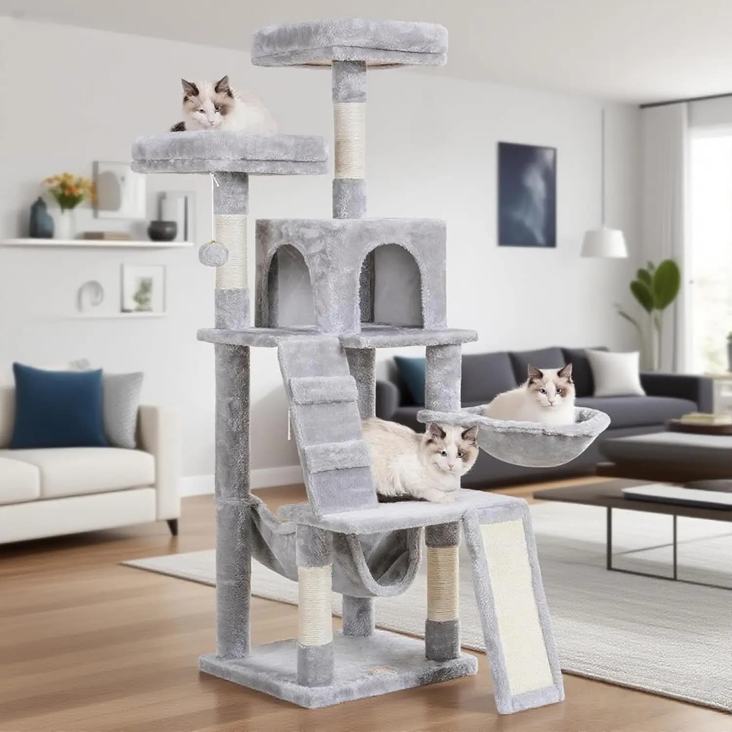 Albero per gatti multilivello con pesce persico in peluche, comodo cestino e tiragraffi per gatti da interni, grigio chiaro