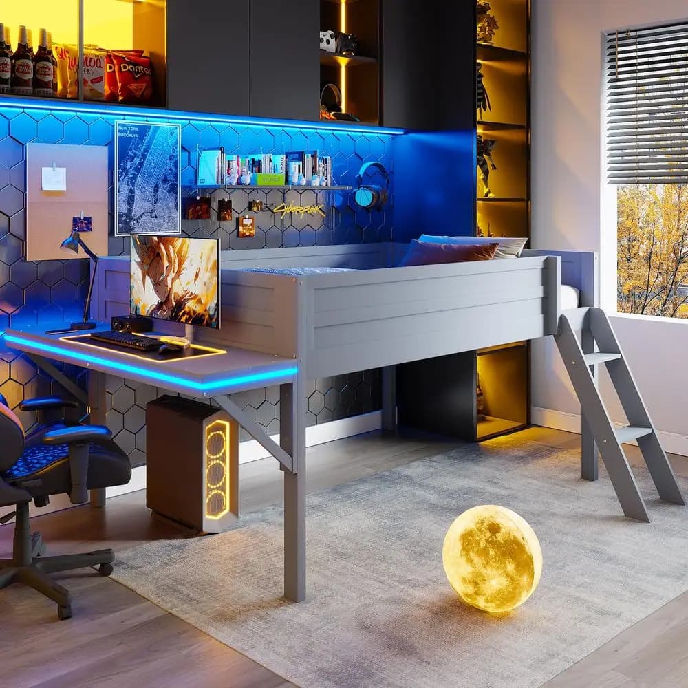 Letto a soppalco matrimoniale con scrivania e luci LED, letto gaming a soppalco basso con ringhiera di sicurezza e scaletta, letto a soppalco in legno per ragazzi