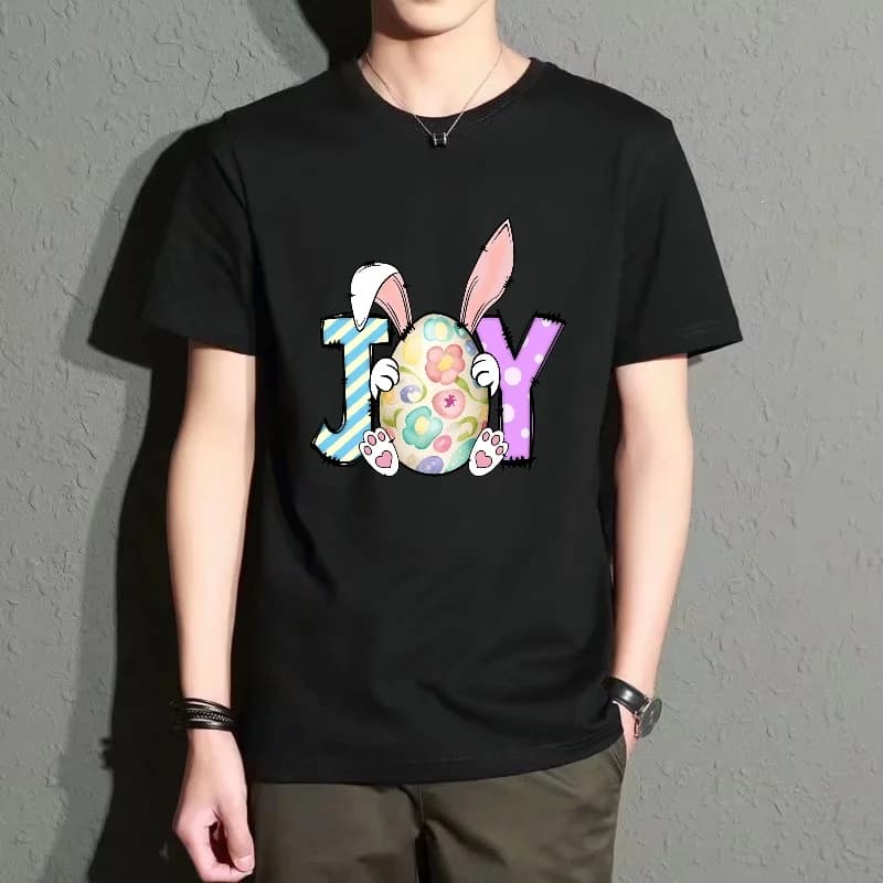 Men's Black Round-Neck Short-Sleeved T-Shirt, Fun Joy Letter Easter Egg Print Top, Casual Loose Fit, Everyday Streetwear, Campus Fashion, Versatile and Comfortable Style