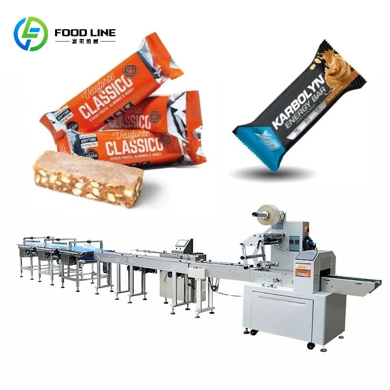 Confezionatrice orizzontale con flusso automatico per cuscini, caramelle, lecca-lecca, proteine, barre energetiche, cioccolato