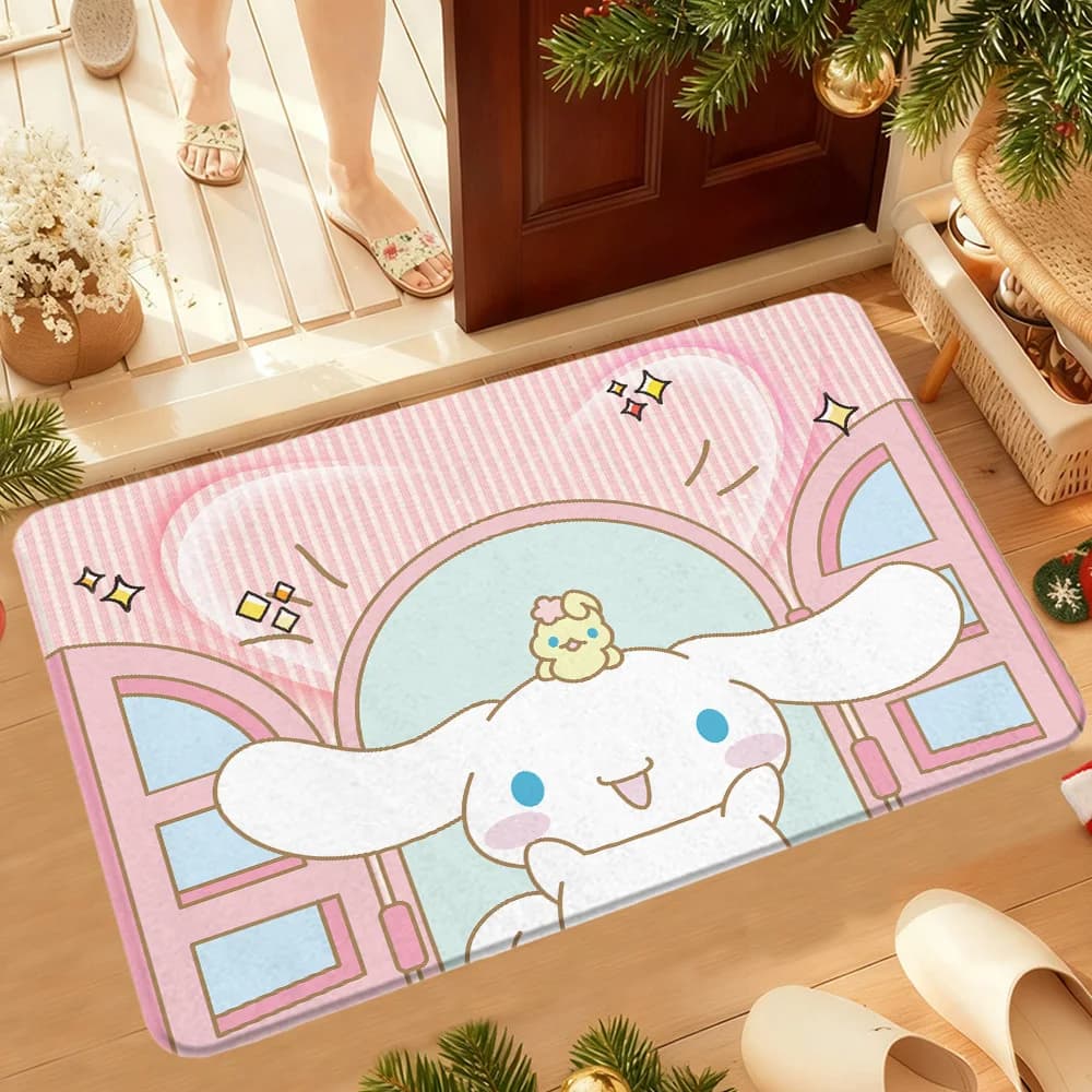Sanrio Cinnamoroll Welcome Door Mat Pink Striped House Design Non Slip Entrance Rug For Front Door Entryway And Home Decor